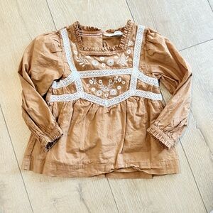 Mini Boden Crochet Embroidered Long Sleeve Square neck Top 3-4y